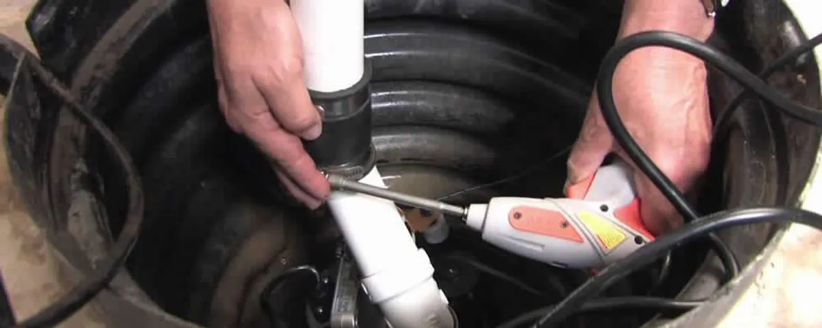 Sump pump installation technician connecting PVC discharge piping in Redding, CA